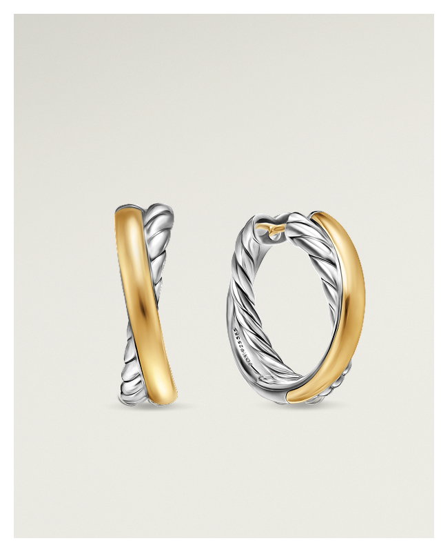 Crossover Hoop Earrings Sterling Silver with 14K Yellow Gold, 22.3mm