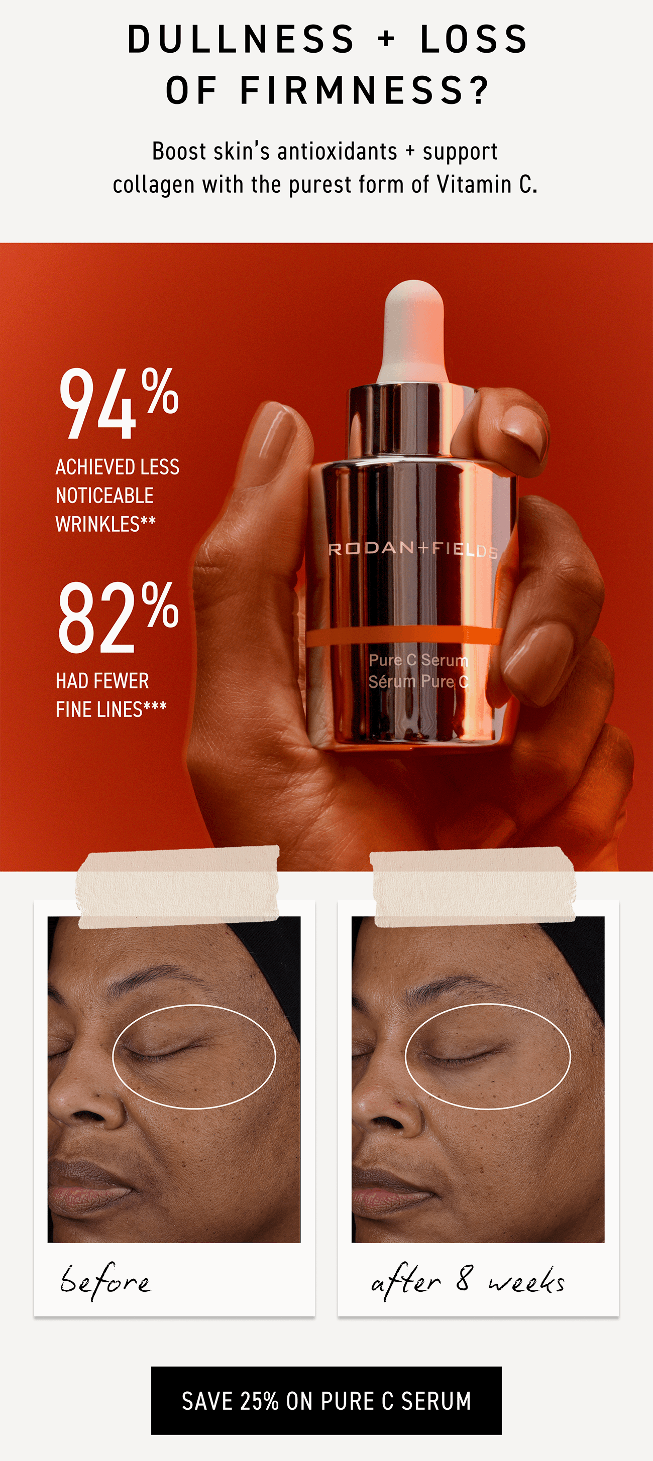Try Pure C Serum to support collagen and reduce fine line, wrinkles, and discoloration. CTA: SAVE 25% ON PURE C SERUM