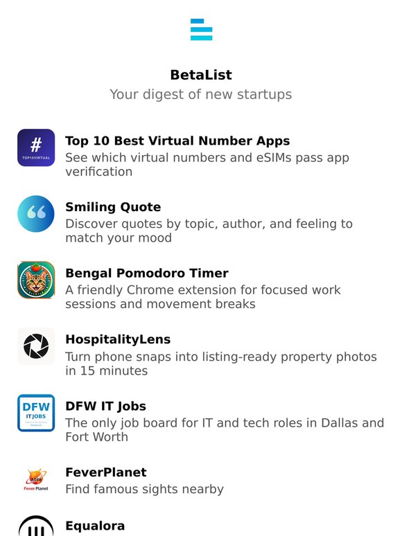 Top 10 Best Virtual Number Apps, Smiling Quote, Bengal Pomodoro Timer, HospitalityLens, DFW IT Jobs, and more