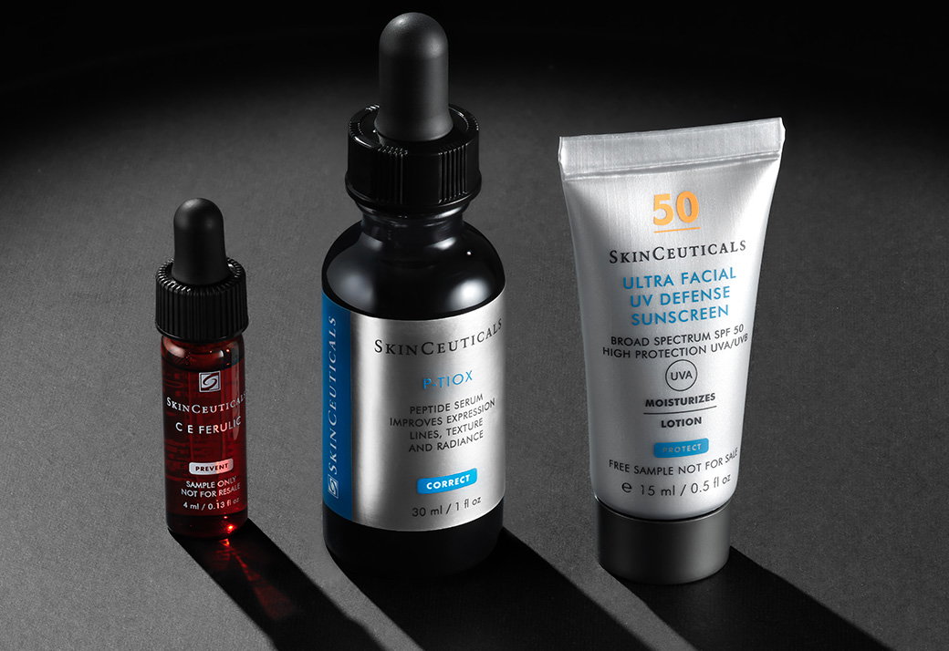 C E Ferulic 4ml, P-TIOX 30ml und Ultra Facial UV Defense Sunscreen vor weißem Hintergrund