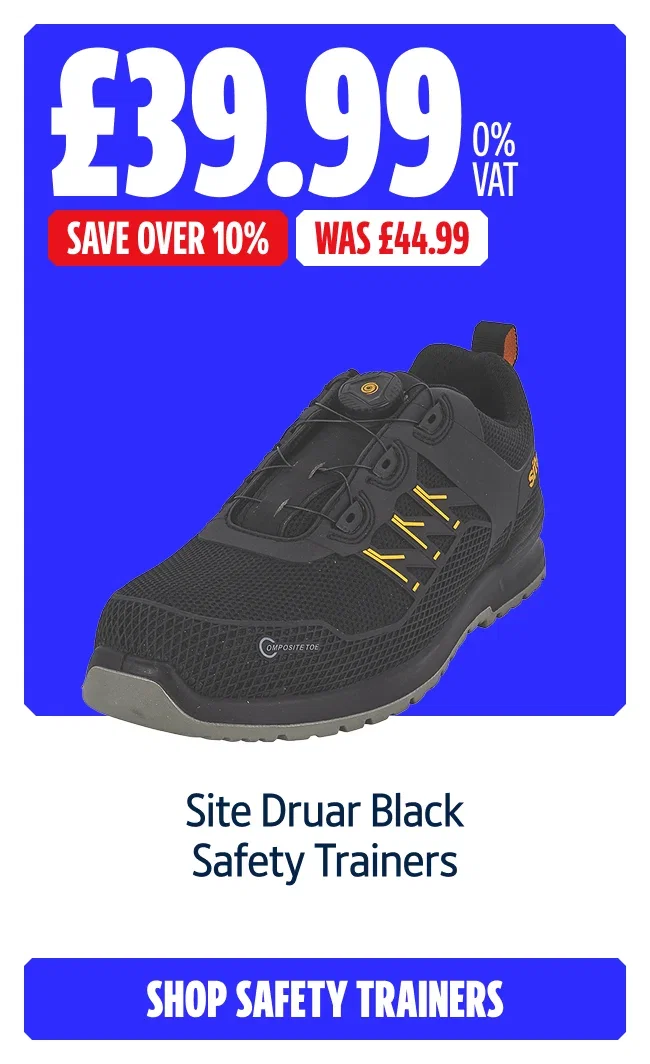 Save Over 10% on Site Druar Black Safety Trainers. Now £39.99 0% VAT Was £44.99.