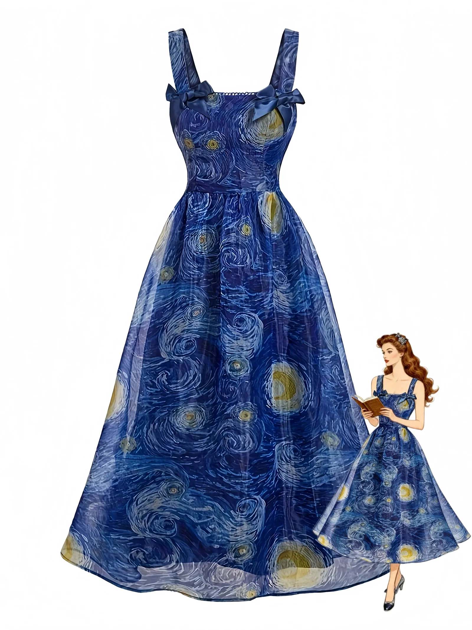 Blue 1940s Square Neck Starry Night Bow Swing Dress