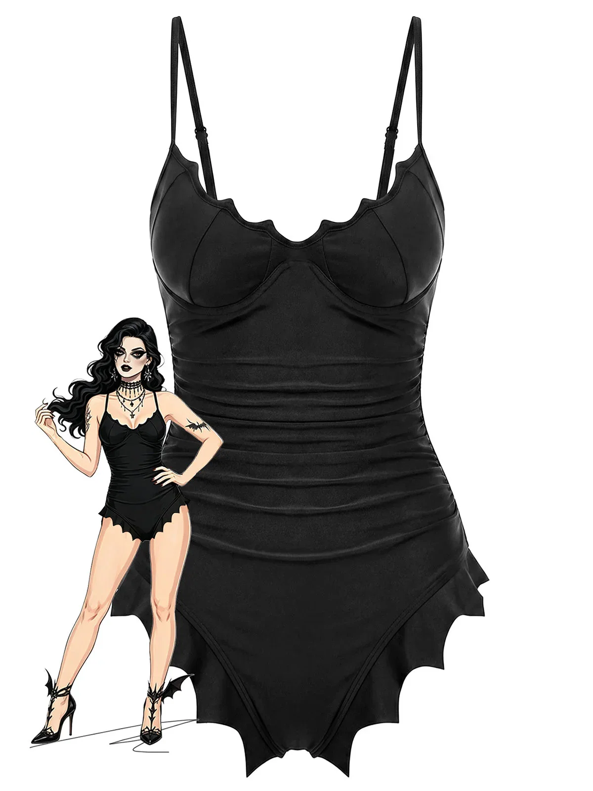 [Pre-Sale] Black 1950s Gothic Batwing Hem One Piece Swimsuit