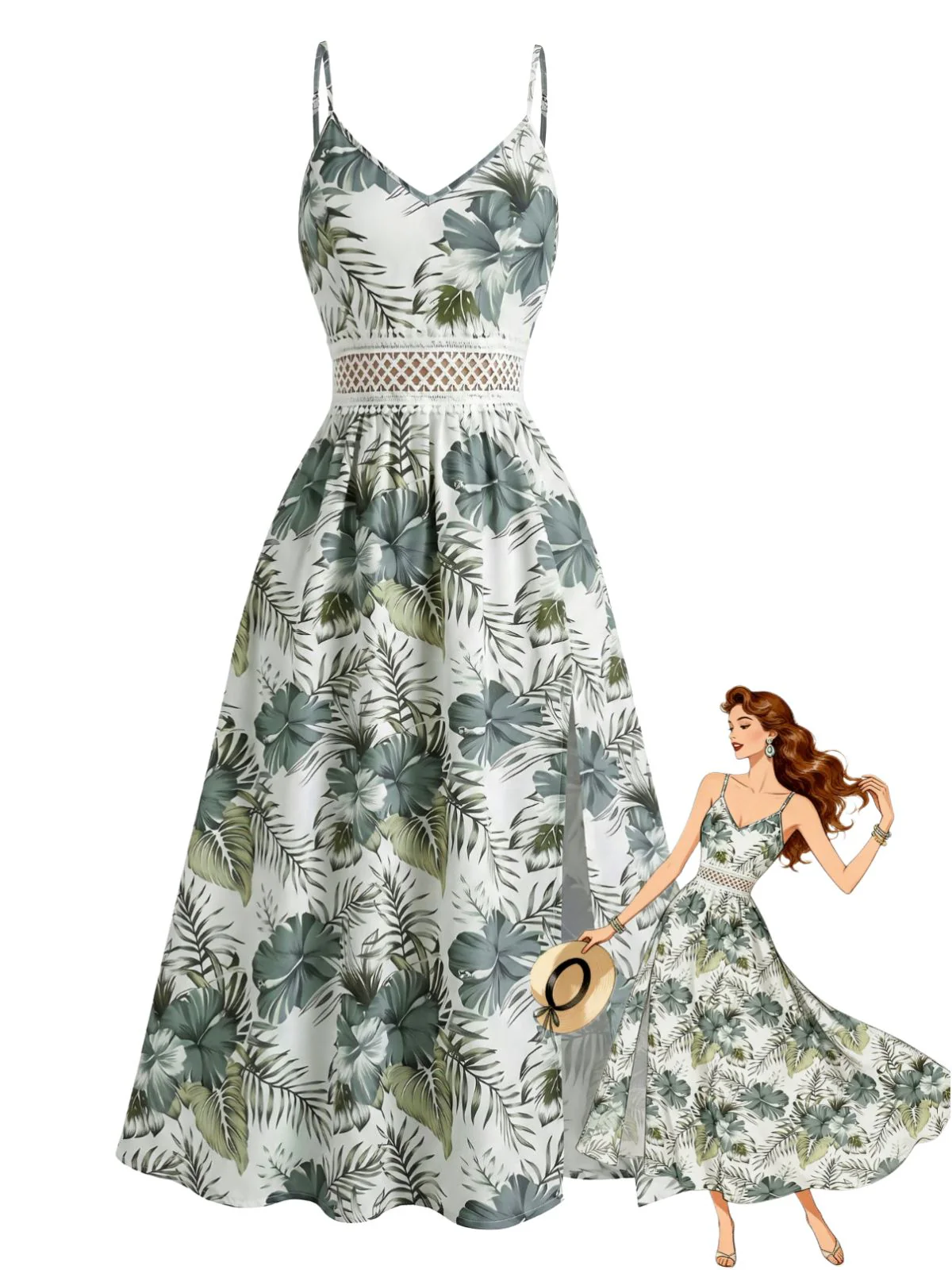 Green 1970s Tropical Floral Boho Cami Dress