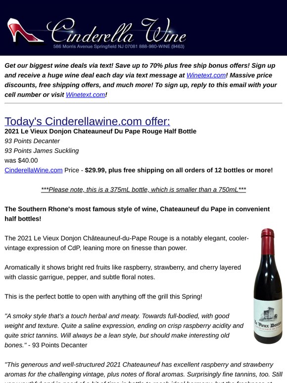 2021 Le Vieux Donjon Chateauneuf Du Pape Rouge Half Bottle (93 D, 93 JS) Free Ship on 12