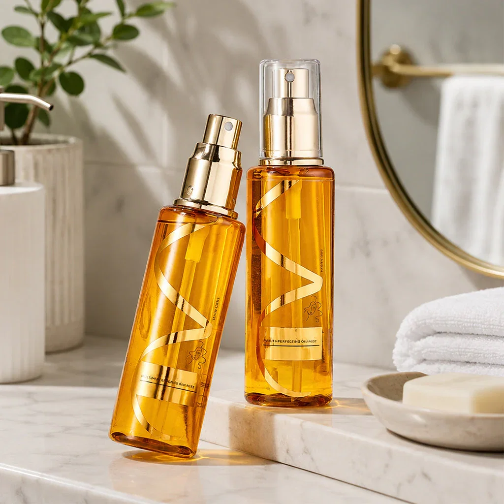 Two golden-hued spray bottles labeled 