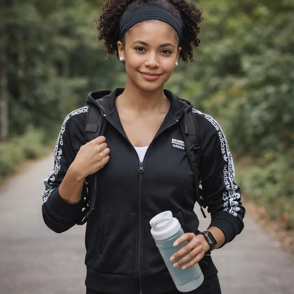 Young woman jogging outdoors wearing black adidas hoodie with water bottle and headband