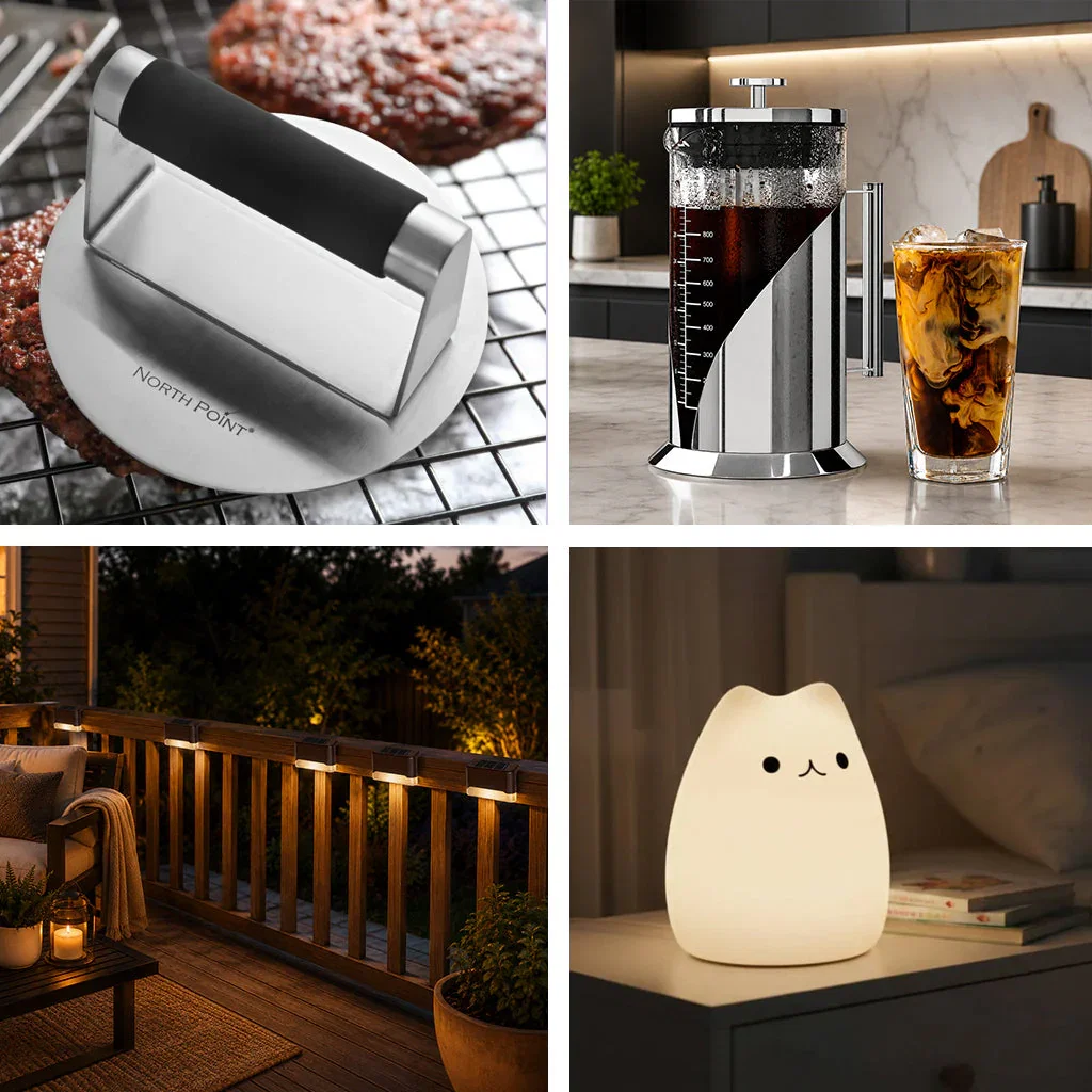 Four TikTok trending products: meat chopper, cold brew maker, deck railing lights, and cute cat night light.