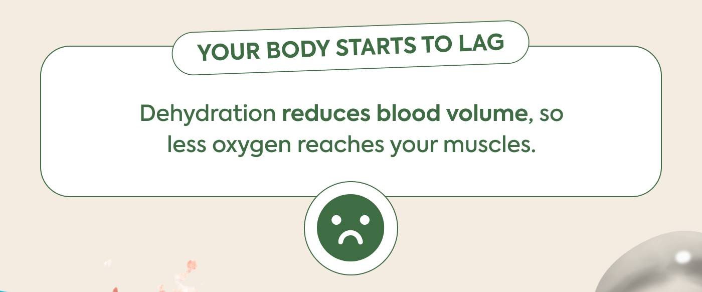 Your body starts to lag Dehydration reduces blood volume, so less oxygen reaches your muscles.