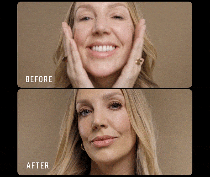 Multi-frame animation of Pro Makeup Artist Amy Conway before and after 5-minute makeup.
