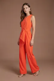 V Neck Crepe Belted Jumpsuit