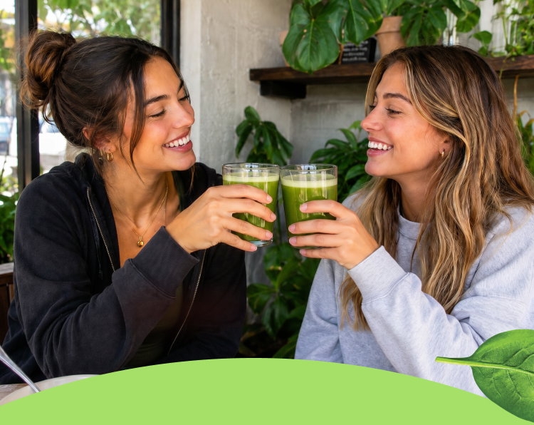 two friends toasting with glasses of green juice