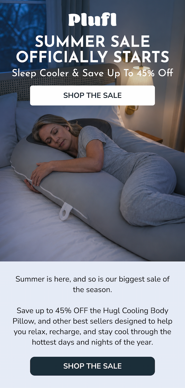 Summer sale officially starts with a woman sleeping on a large pillow. Save up to 45% off.