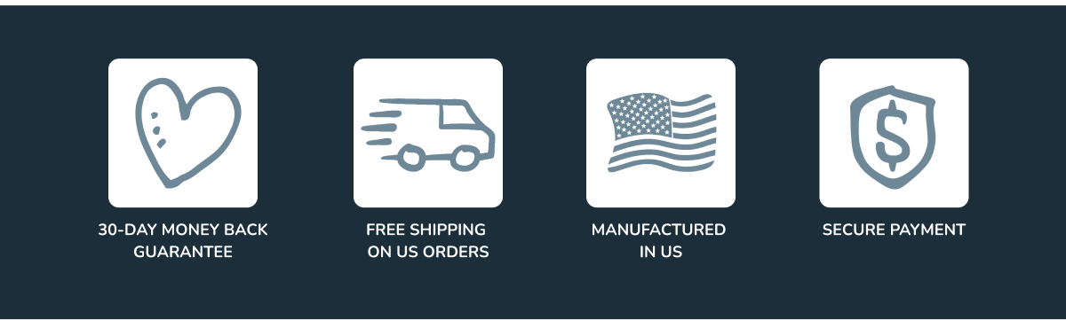 30-day money back guarantee, free shipping on US orders, manufactured in US, secure payment