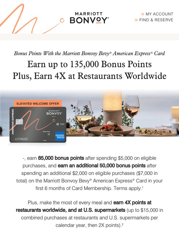 —, Earn up to 135K Points + Earn 4X Points at Restaurants Worldwide. Cap Applies.
