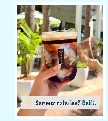 Summer iced coffee in reusable cup sleeve.