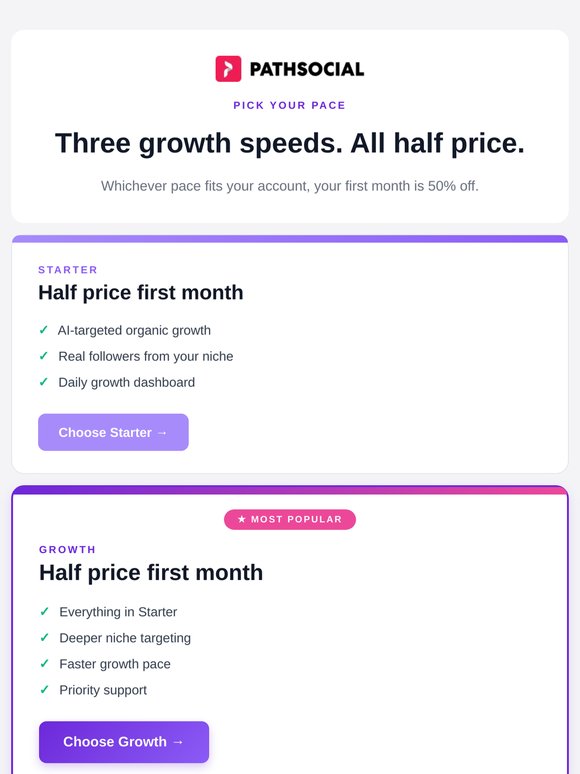 Pick your growth speed — all 50% off