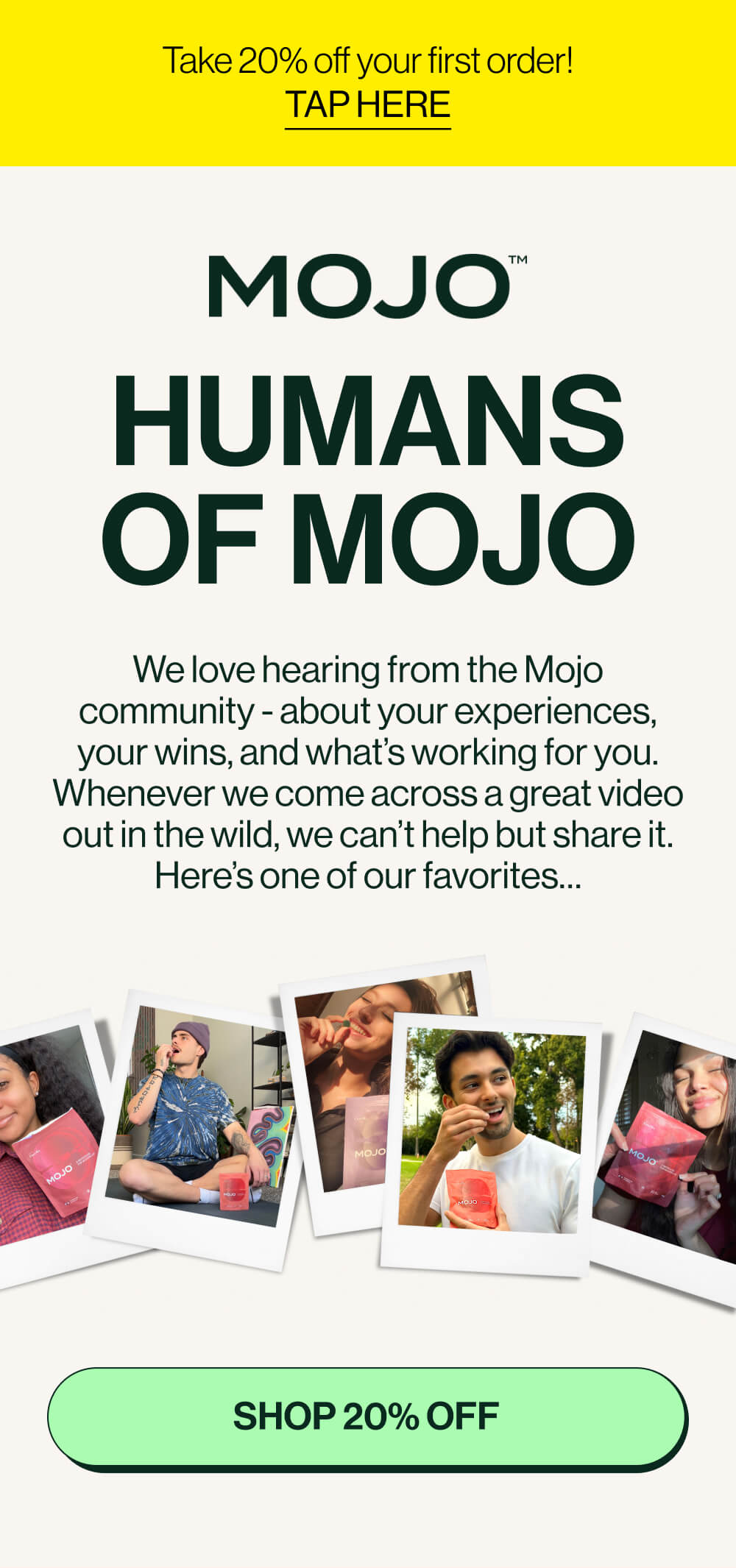 Take 20% off your first order!TAP HERE |  HUMANS OF MOJO | We love hearing from the Mojo community - about your experiences, your wins, and what’s working for you. Whenever we come across a great video out in the wild, we can’t help but share it. Here’s one of our favorites… | [Shop 20% off]