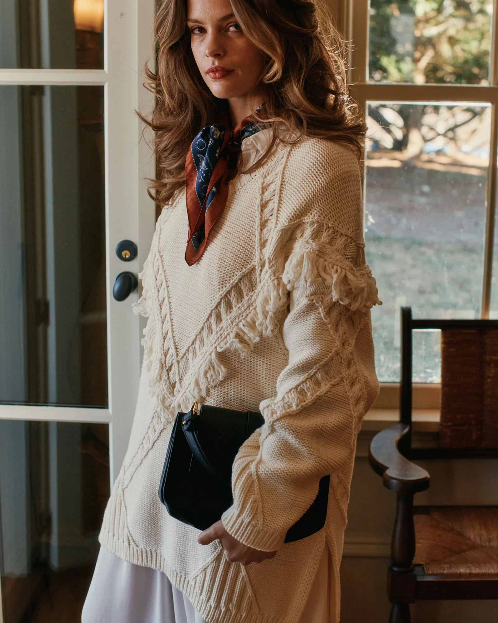 Image of Tassel Line Fringe Oversized Sweater - Cream