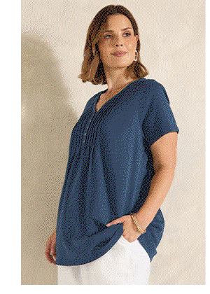 EVANS Curve Navy Blue Short Sleeve Cotton Henley Top
