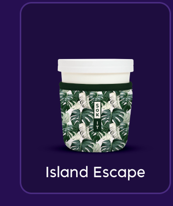Tropical leaf-patterned drink sleeve.