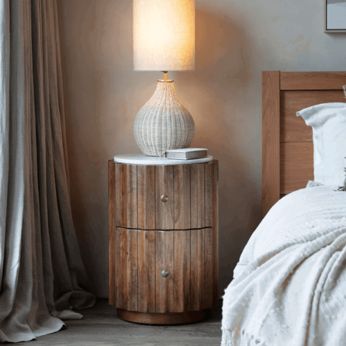 Carmel Curved Wooden Two Drawer Bedside - Marble Top
