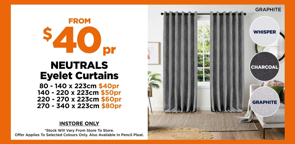  $40pr Neutrals Eyelet Curtains