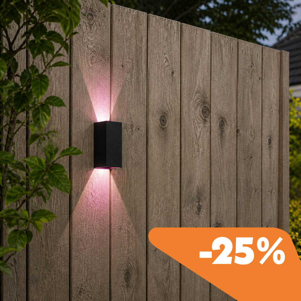 Miles smart wall light mounted on a fence with a discount code
