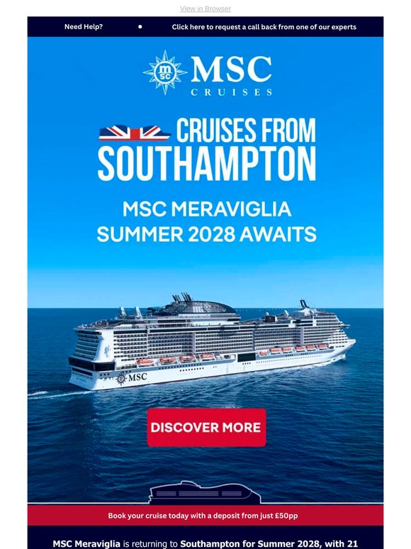 MSC Meraviglia Returns to Southampton in 2028!