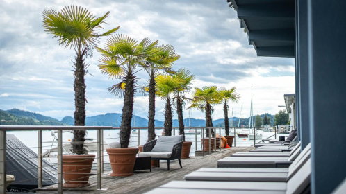 Hotel Terrasse mit Palmen direkt am Wörthersee