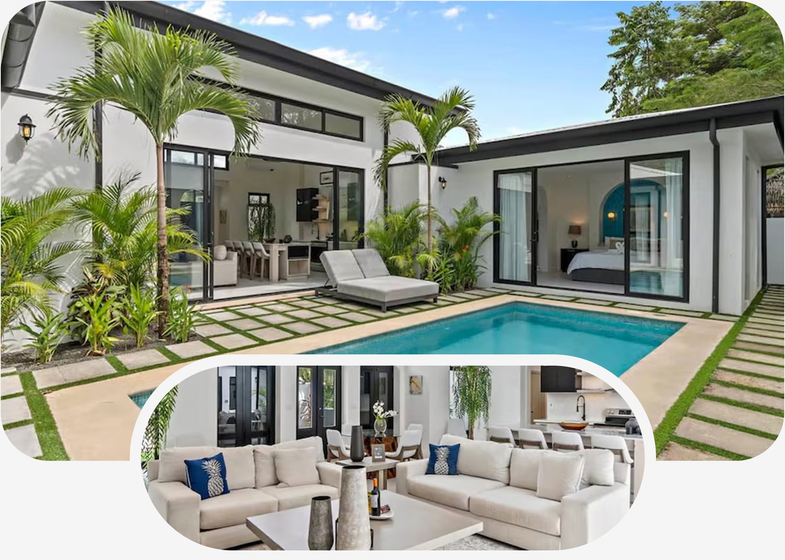 Modern white villa with private pool, palm trees, and open indoor-outdoor living spaces.
