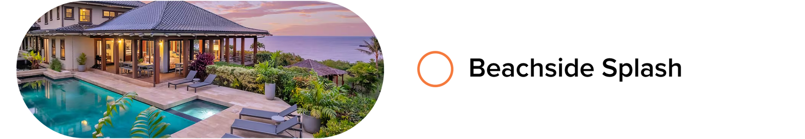 Oceanview villa with a large pool, sun loungers, and lush gardens at sunset.