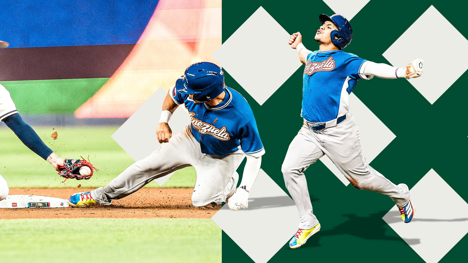 Venezuela's Javier Sanoja stealing second base and celebrating during the World Baseball Classic