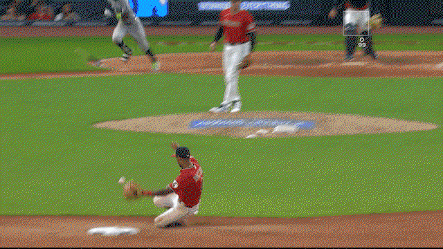 An animated gif of Brayan Rocchio making a sliding stop on a ground ball, touching second with his glove and getting up on one knee to throw to first