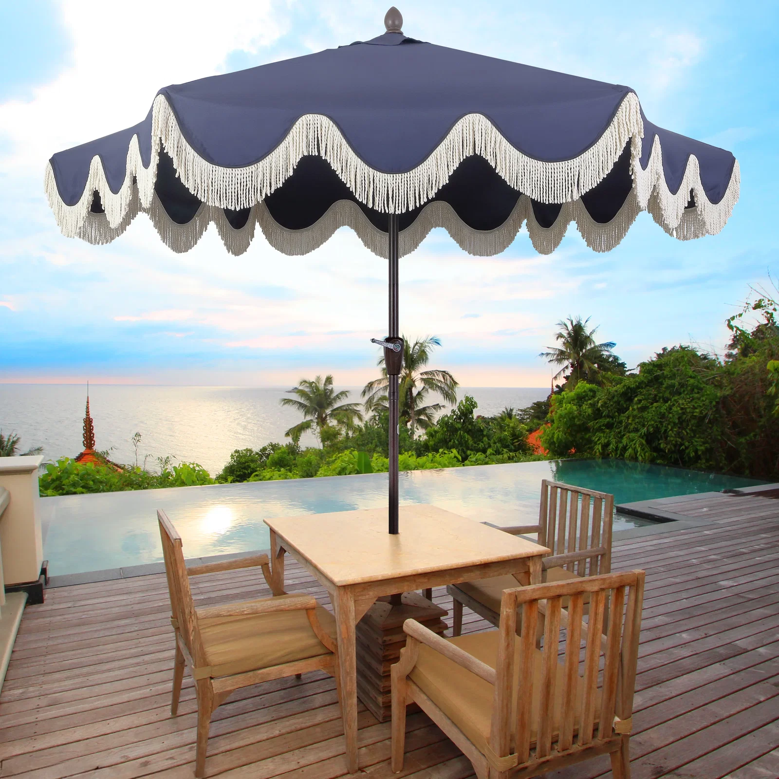 Image of Collins Classic Cottage Tassel Market Patio Umbrella with Auto-Tilt