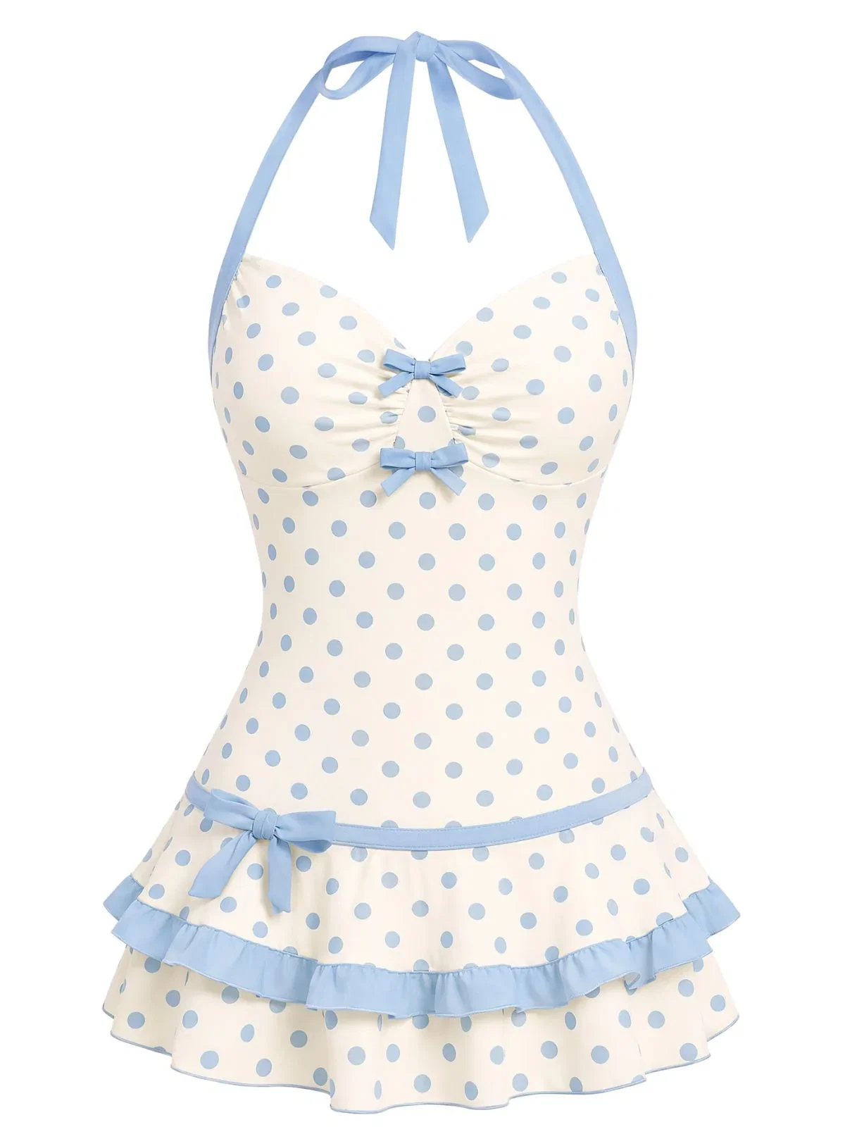 [Pre-Sale] Blue 1940s Halter Bow Polka Dot Swim Dress