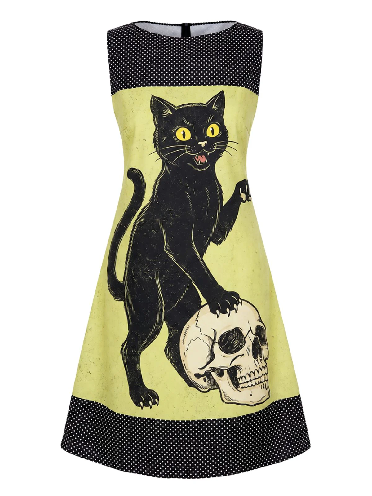 [Pre-Sale] Yellow 1960s Cat Skull Sleeveless A-Line Dress