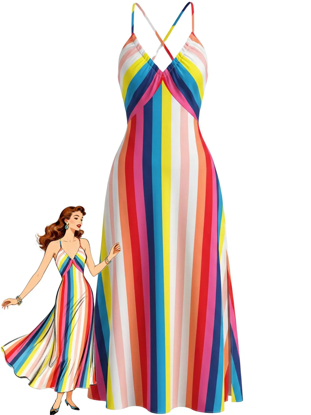 Rainbow 1930s Striped Spaghetti Strap A-Line Dress