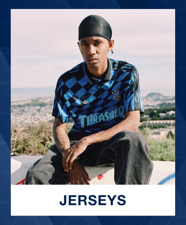 Shop men's jerseys, featuring the AFA jersey from the adidas x Thrasher collab