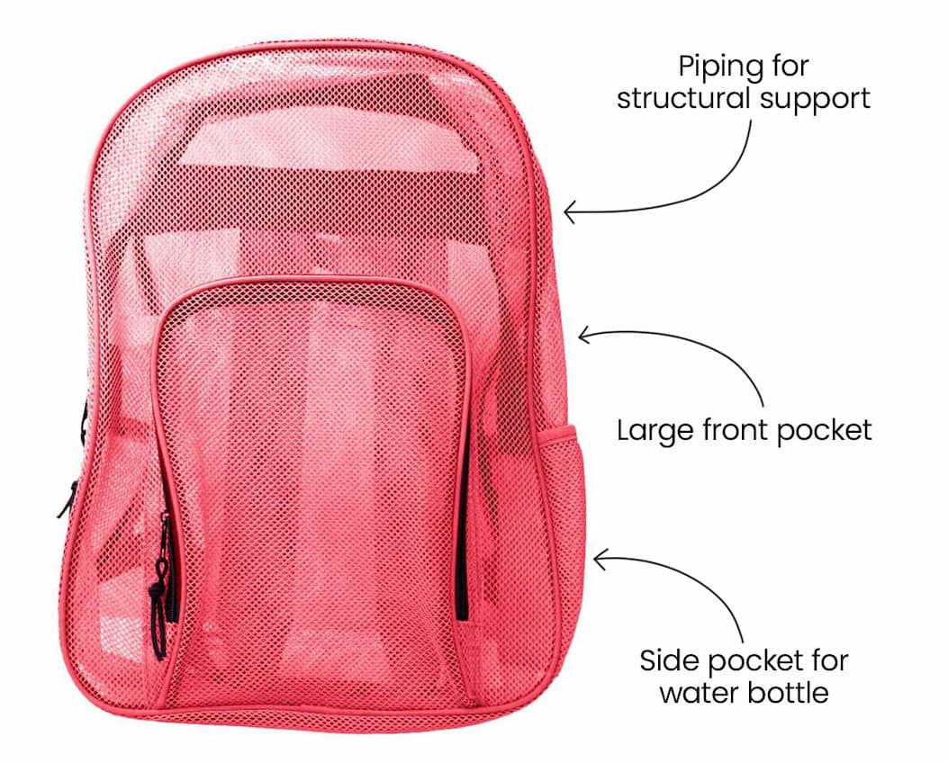 Piping for structural support. Large front pocket. Mesh pocket for water bottle.