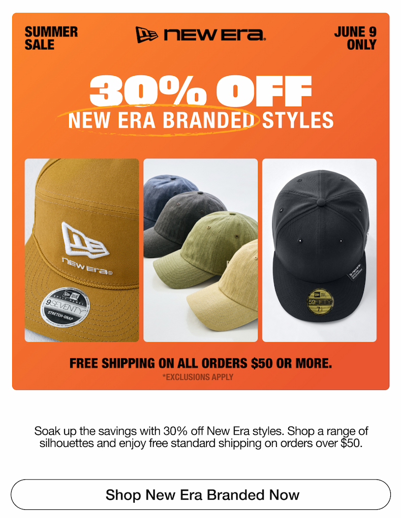 Summer Sale. June 9 Only. 30% Off New Era Branded Styles. Shop New Era Branded Now.