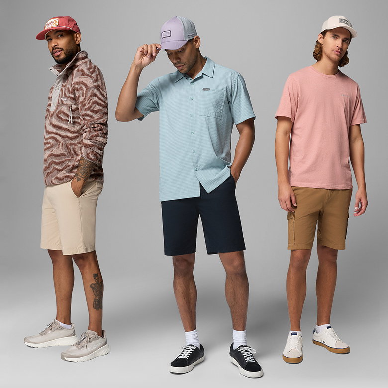 Three ROC shorts laid on top of a rock texted background
