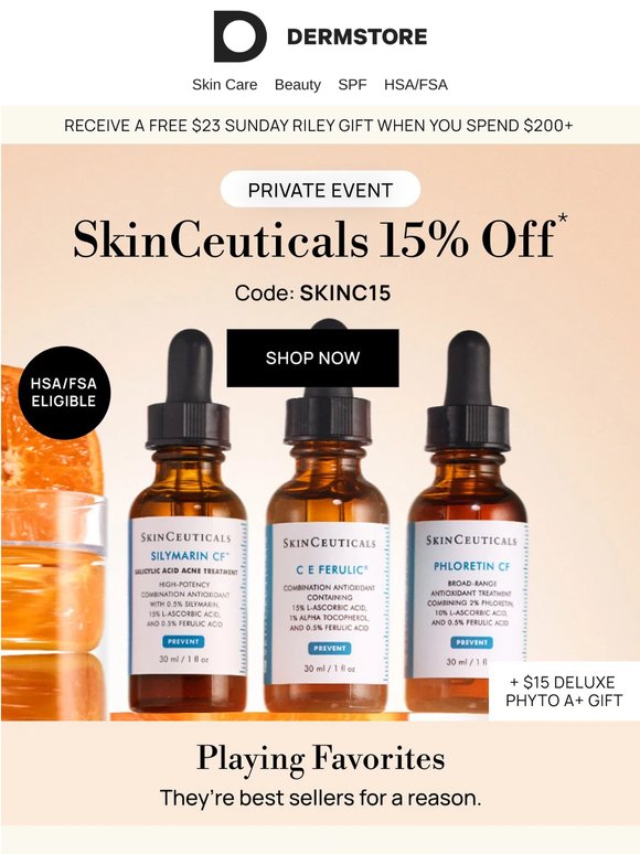 15% Off SkinCeuticals + Free $23 Sunday Riley Gift
