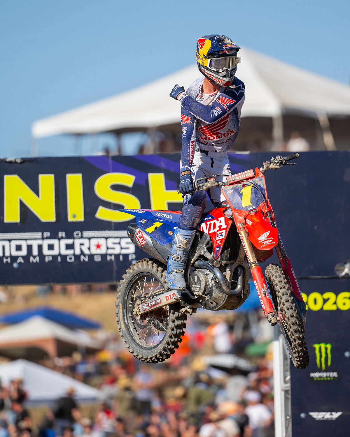 Jett Lawrence on his #1 Honda HRC bike launching over the finish line jump at Round 2 of the 2026 AMA Pro Motocross Championship in Hangtown