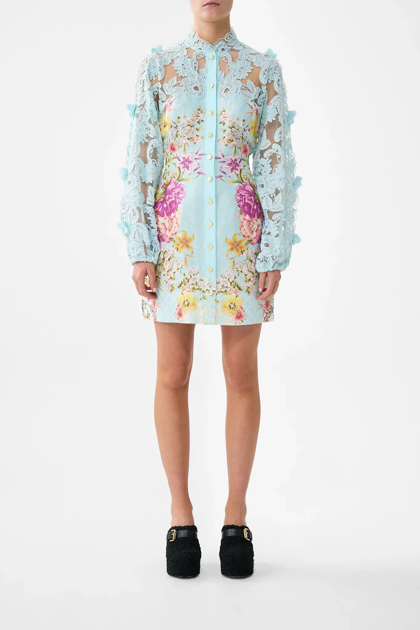 Image of LACE SLEEVE MINI DRESS BAZAAR BLOOMS