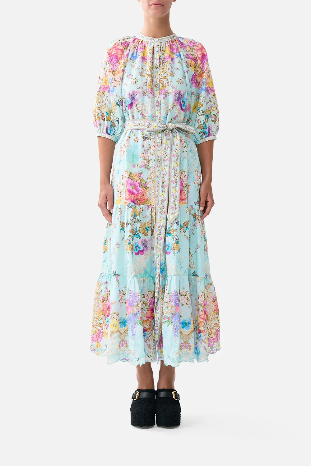 Image of PUFF SLEEVE MIDI SHIRT DRESS WITH TIE BAZAAR BLOOMS