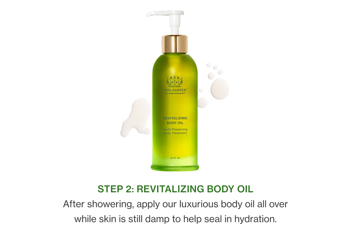 After showering, apply our luxurious body oil all over while skin is still damp to help seal in hydration. 