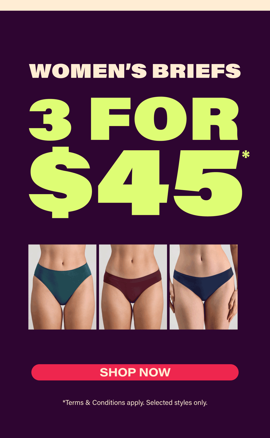 Womens Briefs 3 for $45 Shop Now
