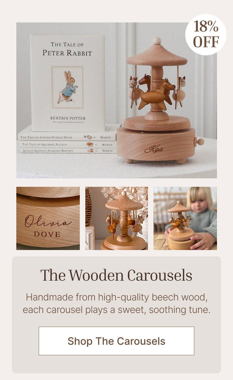 Wooden musical carousel displayed beside a baby book and lifestyle images, with a discount badge and product details below.