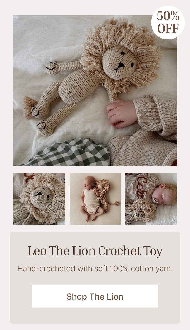 Plush lion toy displayed beside coordinating lifestyle images, with product details and a button below.